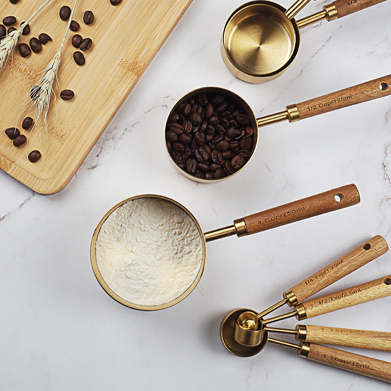 8-Piece Stainless Steel Measuring Cups & Spoons Set with Acacia Wooden Handles – Premium Baking Tools | Cookli UK