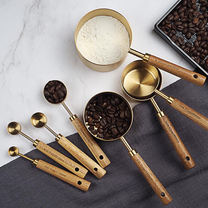 8-Piece Stainless Steel Measuring Cups & Spoons Set with Acacia Wooden Handles – Premium Baking Tools | Cookli UK