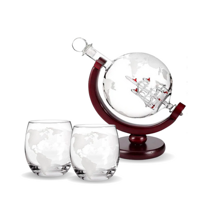 Whiskey Decanter Globe Set with 2 Etched Globe Whisky Glasses
